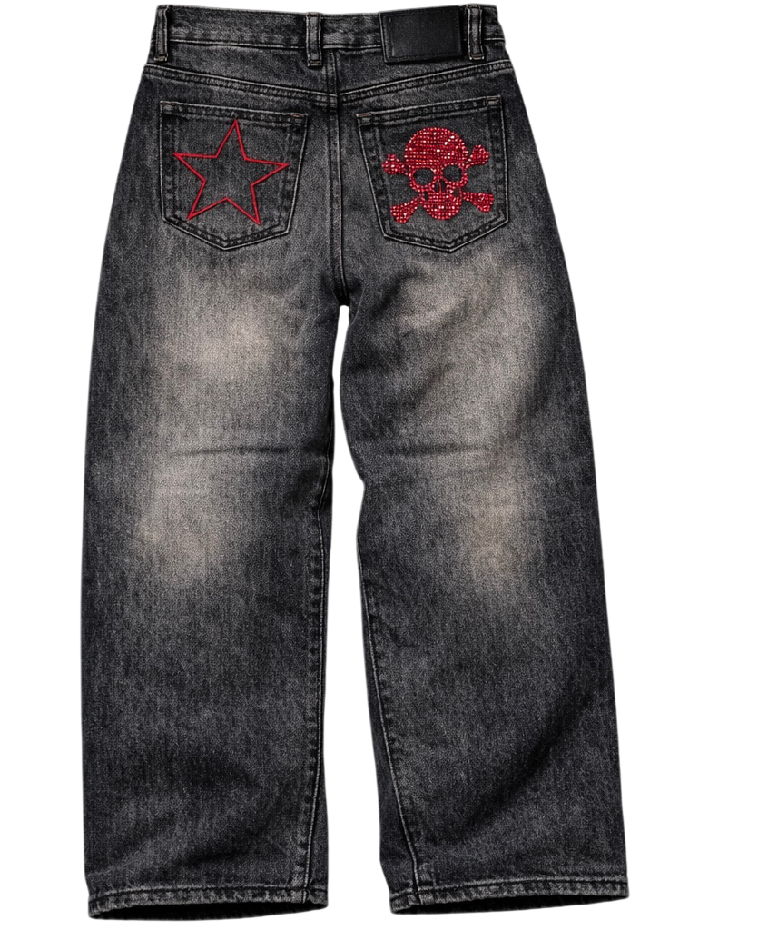 Red Rhinestone Skull Jeans